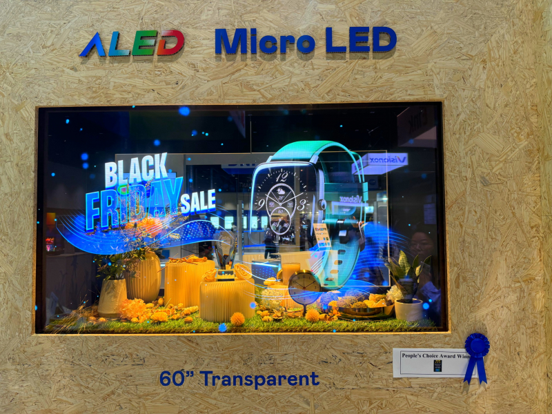 世界杯官方网站入口60吋高透明度Micro LED显示器获&rdquo;最佳Micro LED技术应用奖&rdquo;，将Micro LED面板透明化之设计特性极致发挥，以可扩展性无缝拼接技术打造，具备600 nits全画面亮度、大于60%穿透率及超过NTSC 110%的优异广色域表现，可依需求灵活应用于各种场域