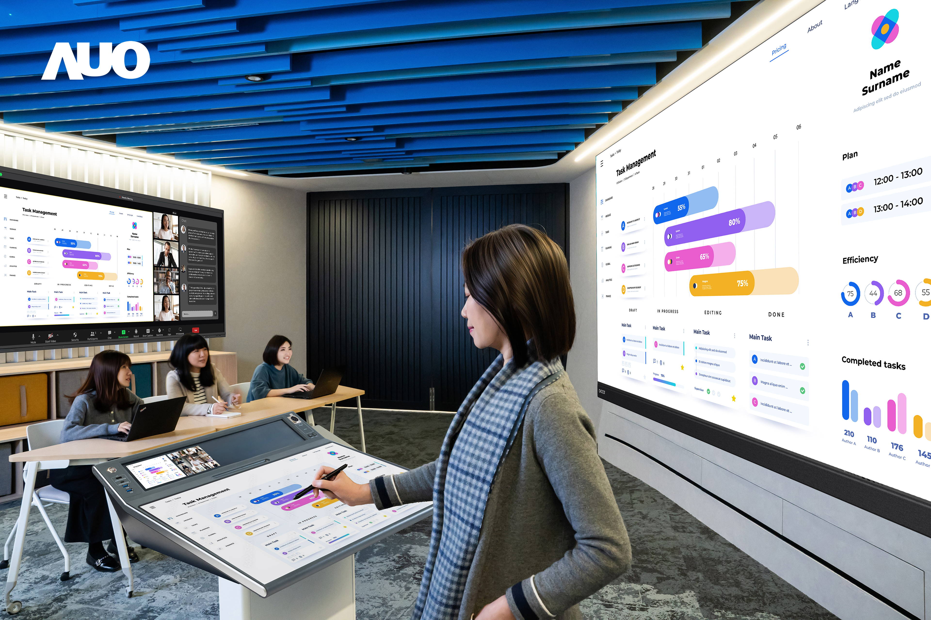 达擎携手Avocor与Rise Vision展示全方位商务领域应用，包含采用模块化设计的138吋一体式All-in-One LED显示器及具21:9超宽比例的92吋交互式电子白板（IFPD），讲者可轻松分享内容，有效提升会议协作效率。